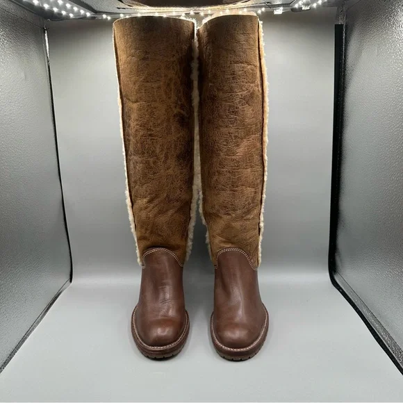 MICHAEL KORS Brown Leather Suede Sherpa Lined Tall Fold Over Heeled Boots Sz 5.5 - Picture 3 of 9